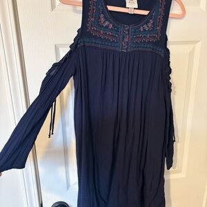 Knox Rose Navy Blue Embroidered Cold-Shoulder Long Sleeve Dress
